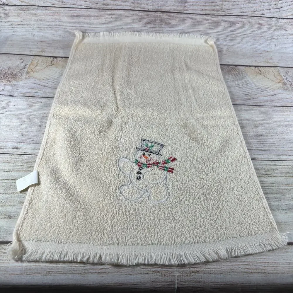 Vintage Christmas Hand Towels Lot 3 Embroidered Fringe Snowman Sleigh 11x16